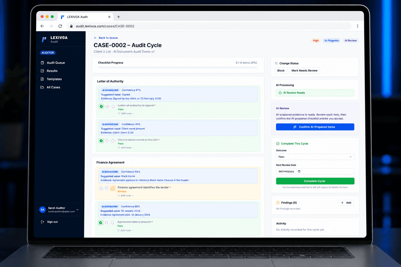 Lexivoa Assurance showing ADAS confidence scores, supporting evidence, a lower-confidence lender item requiring review and human confirmation controls on a laptop