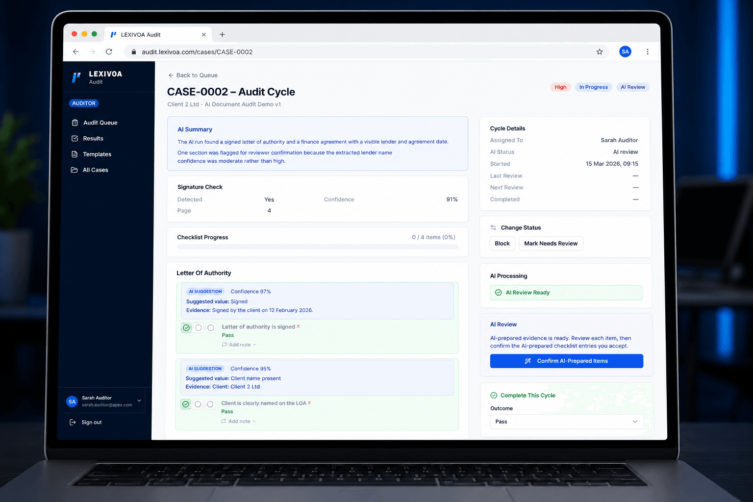 Lexivoa Assurance showing an ADAS-prepared audit cycle with an AI summary, evidence-backed checklist responses and human confirmation controls on a laptop