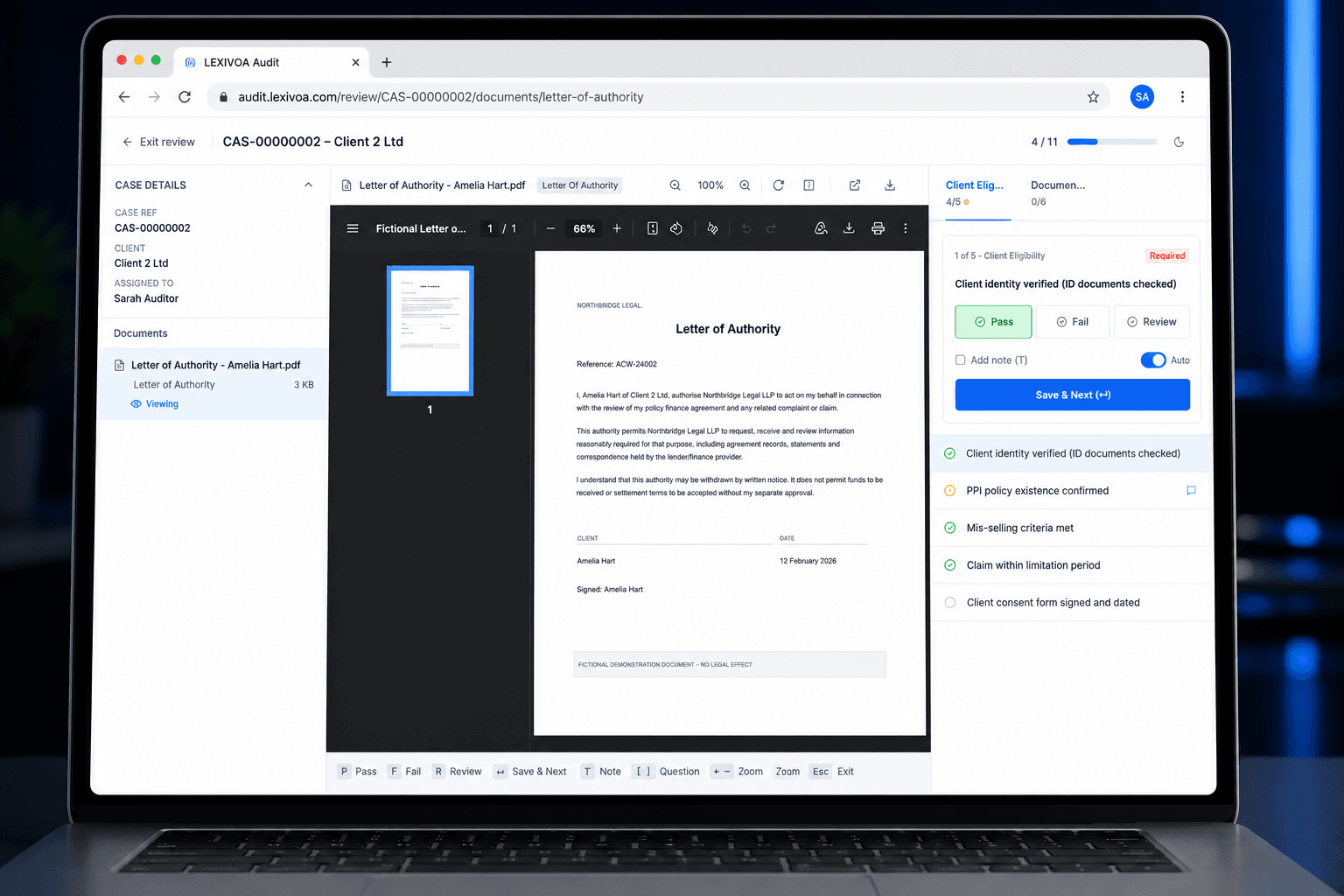 Lexivoa Assurance in-context review workspace showing a fictional letter of authority beside structured audit questions on a laptop