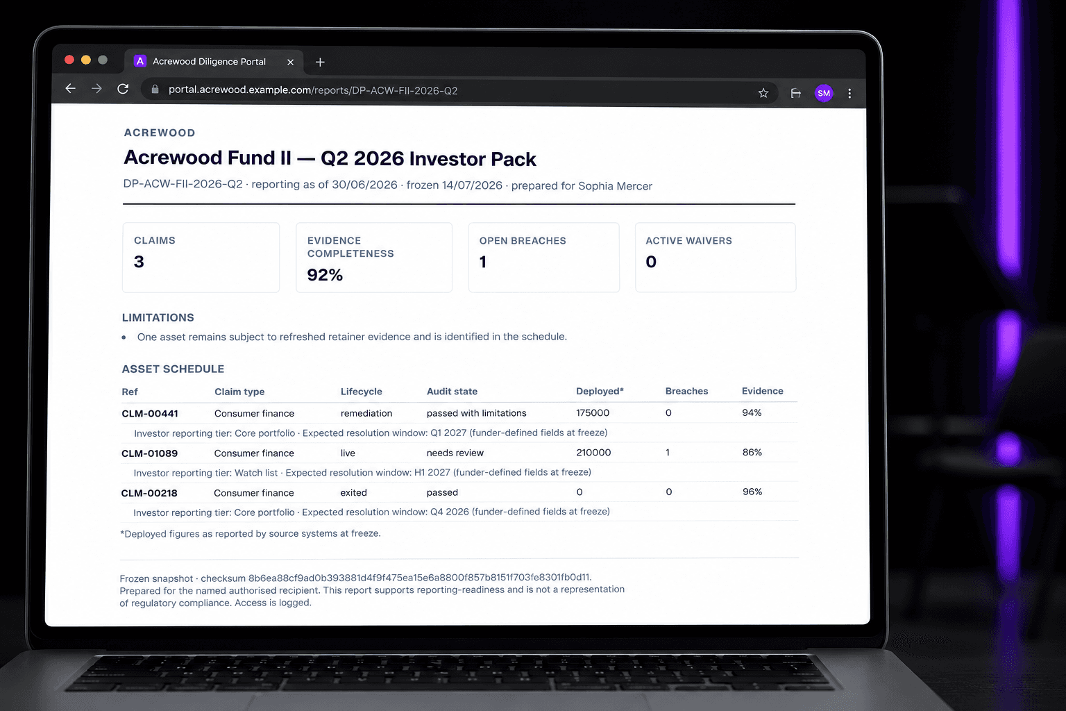 White-labelled Acrewood investor report showing a frozen asset schedule with selected funder-defined custom fields on a laptop
