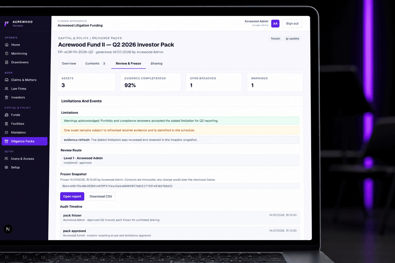 Lexivoa Mandate showing an Acrewood investor pack's limitations, review route, frozen checksum and audit timeline on a laptop