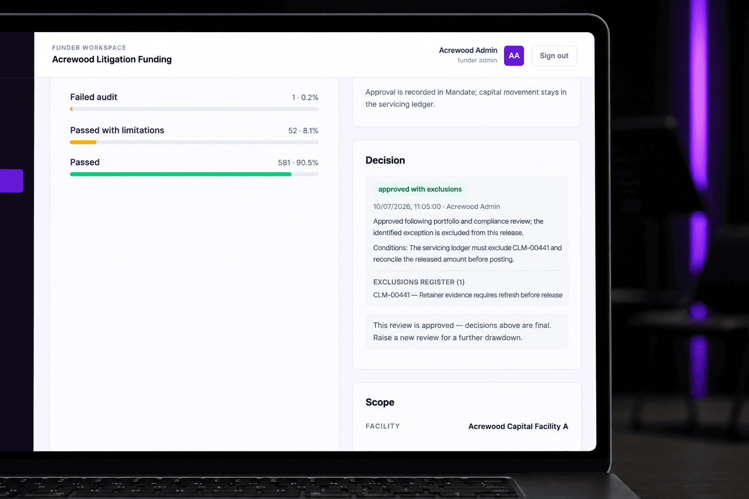 Lexivoa Mandate showing an approved drawdown decision, its conditions and the excluded-claim register on a laptop