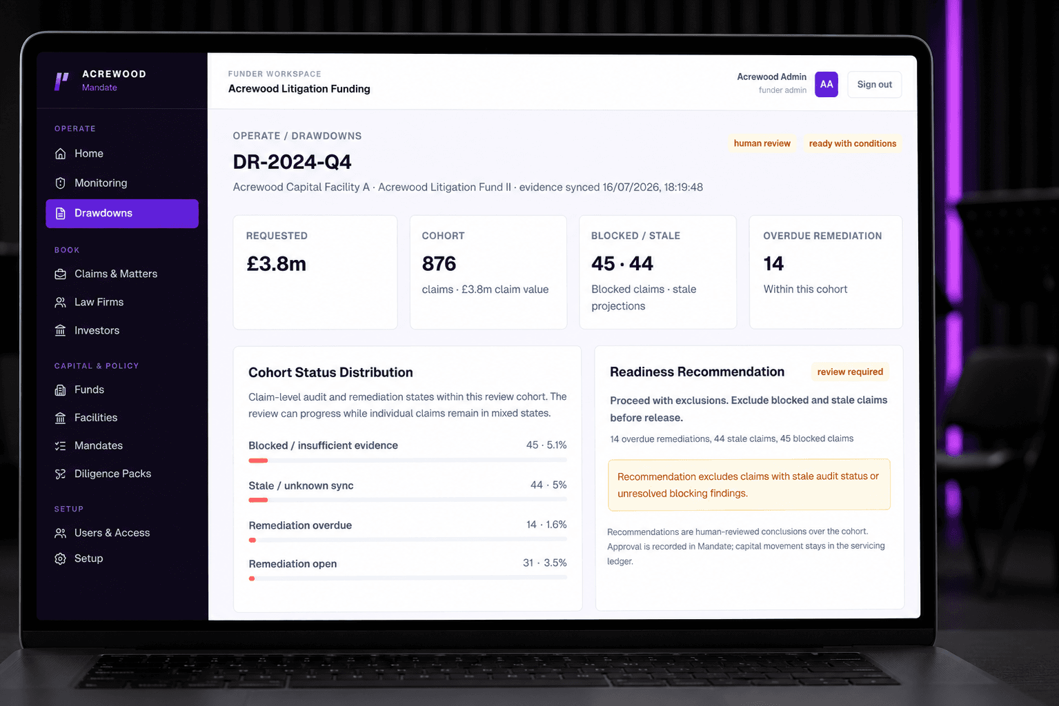 Lexivoa Mandate showing a drawdown cohort's requested amount, blocked and stale claims, overdue remediation and readiness recommendation on a laptop