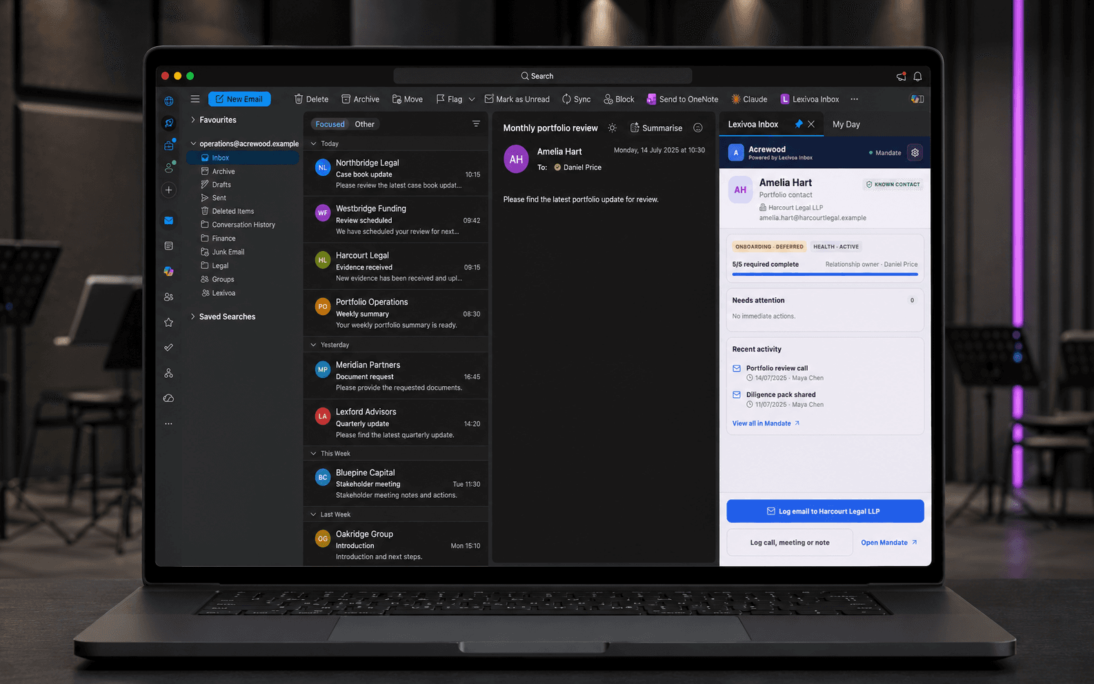 Lexivoa Inbox showing Mandate relationship context inside Outlook
