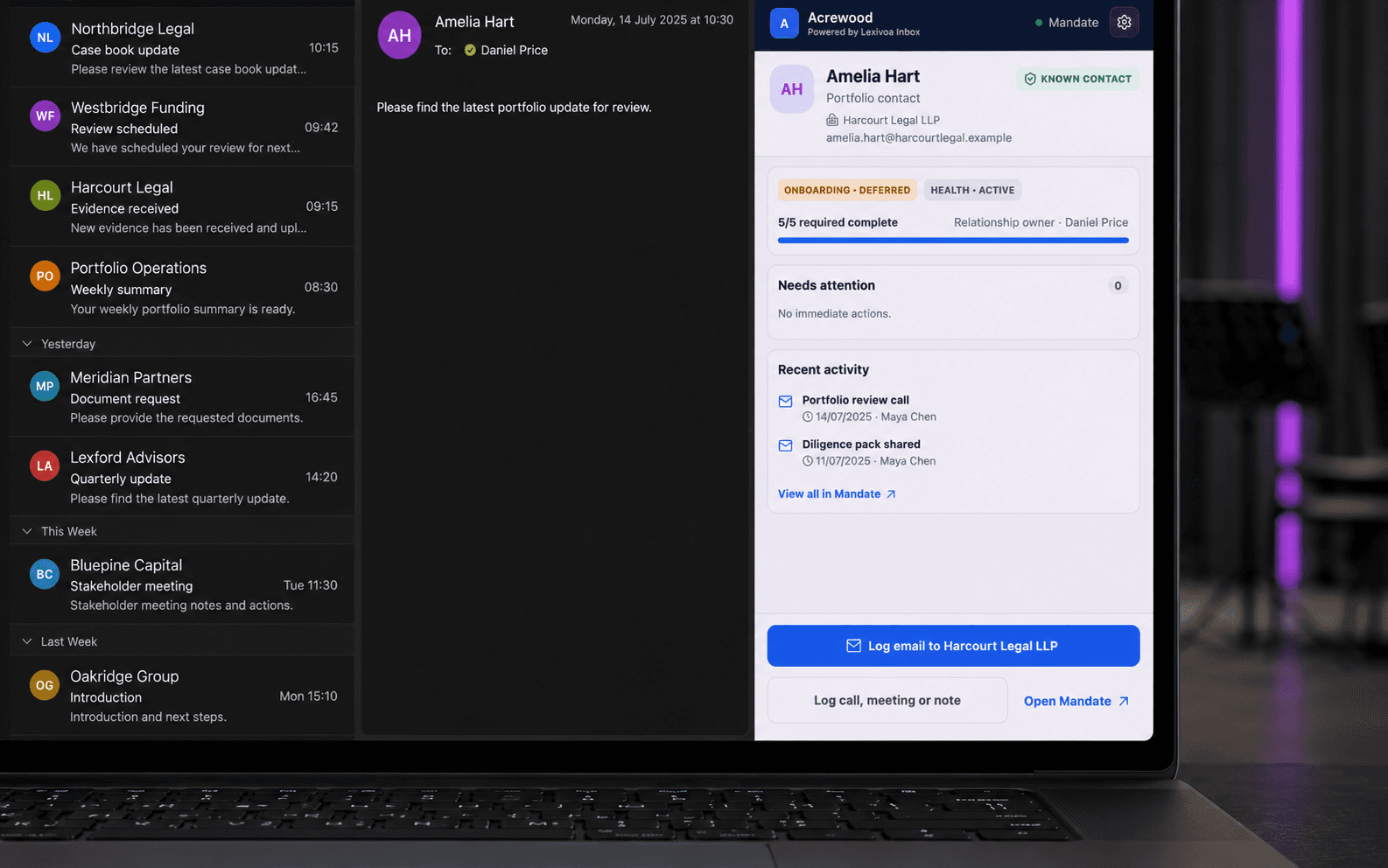 Laptop showing a fictional Outlook mailbox with Lexivoa Inbox relationship context and recent activity