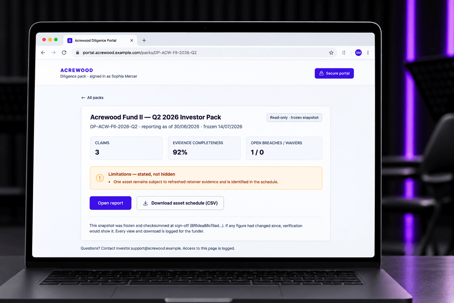 White-labelled Acrewood investor portal showing a frozen Q2 diligence pack on a laptop