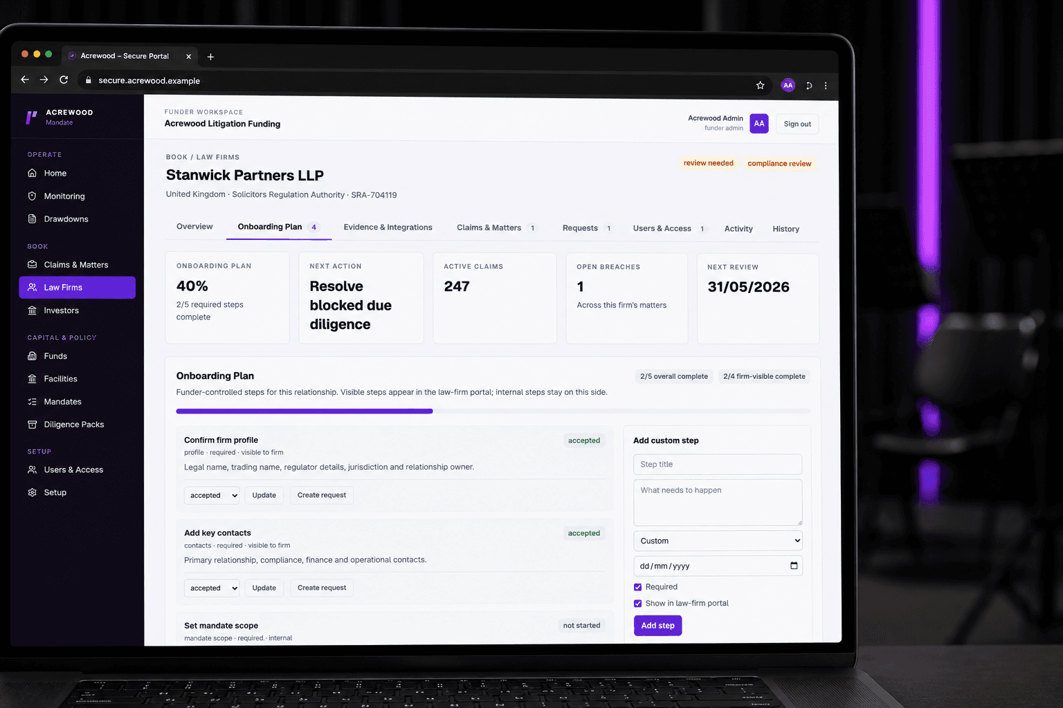 Lexivoa Mandate showing the Stanwick Partners onboarding plan, progress, next action and configurable steps on a laptop