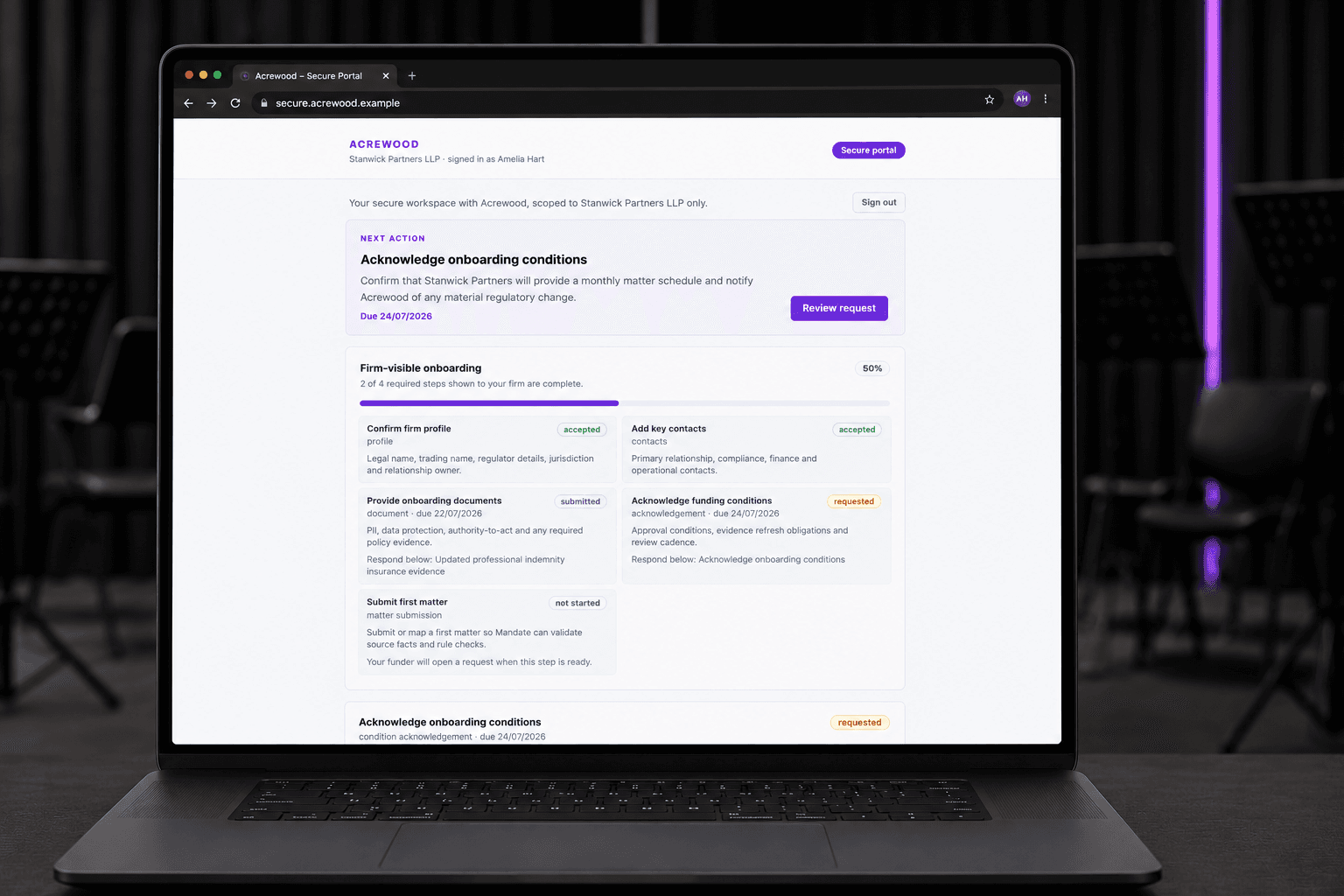 White-labelled law firm onboarding portal displayed on a laptop