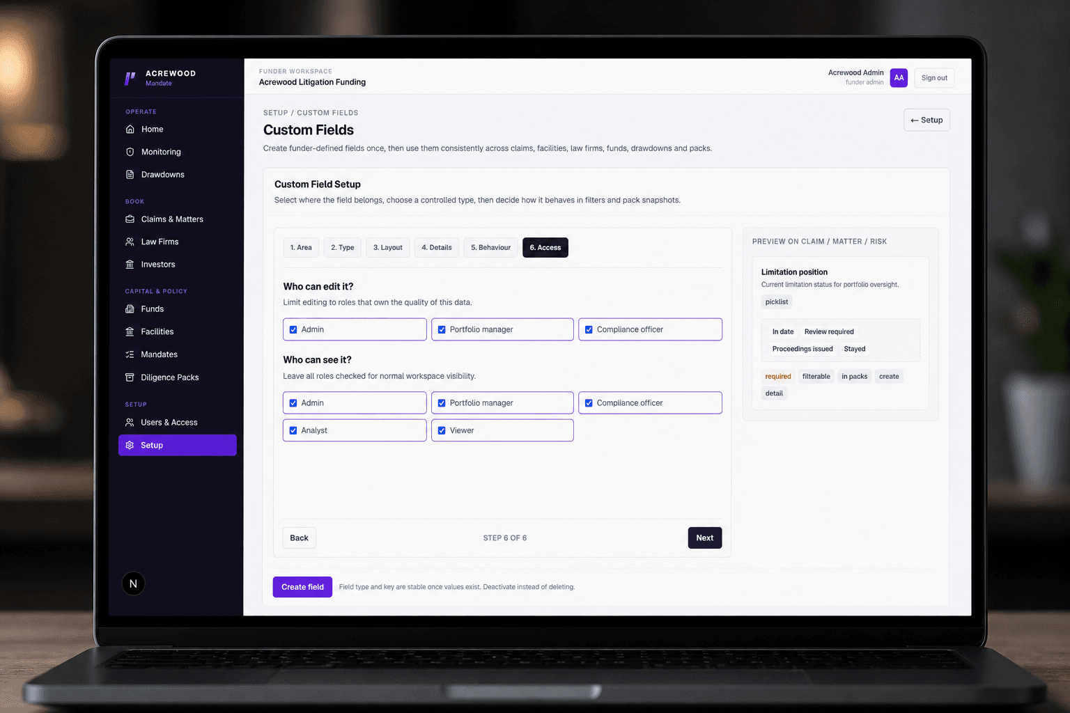 Lexivoa Mandate custom-field access settings showing edit and visibility permissions by role on a laptop