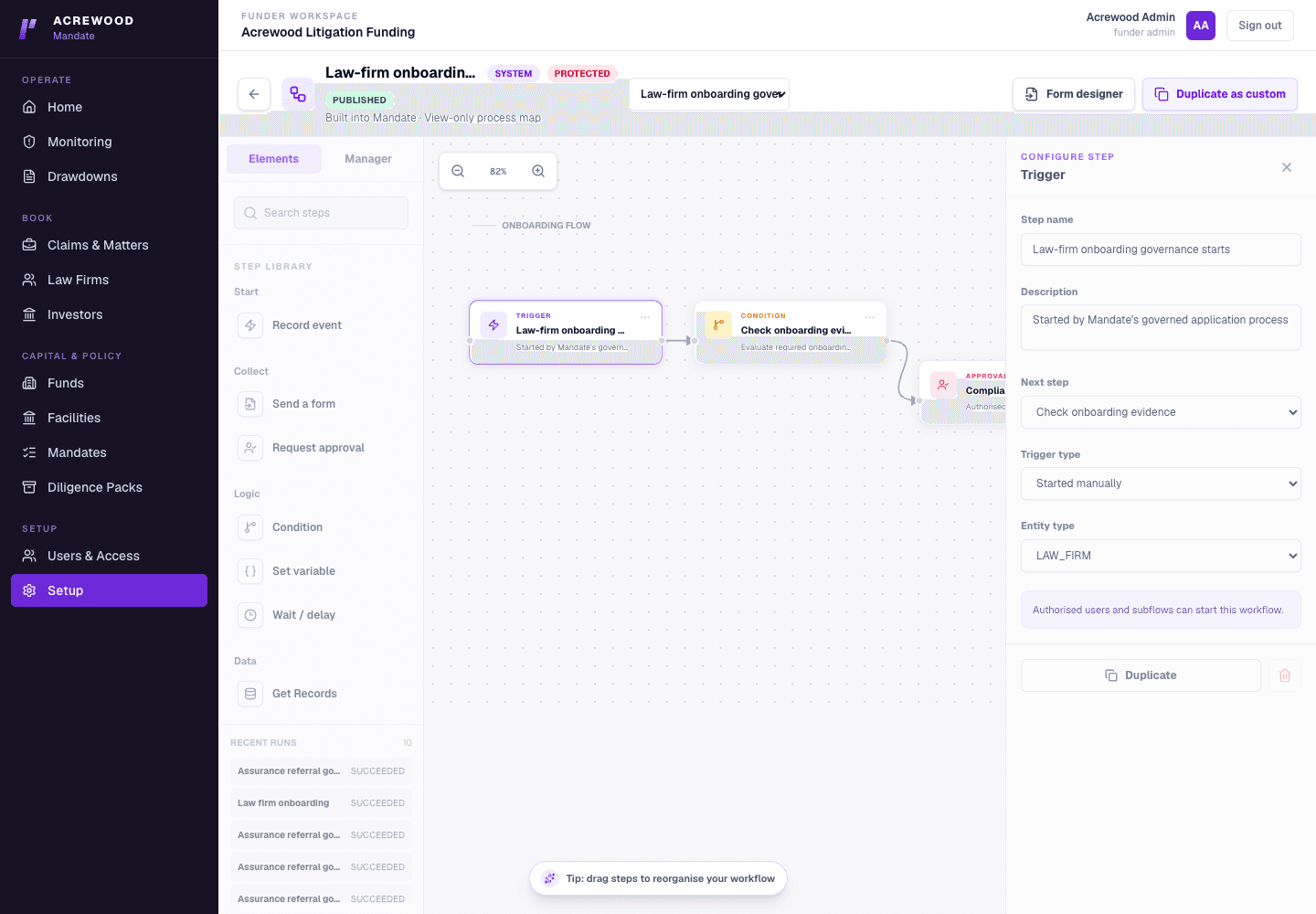 Screen-only view of Lexivoa Mandate mapping a governed law-firm onboarding journey
