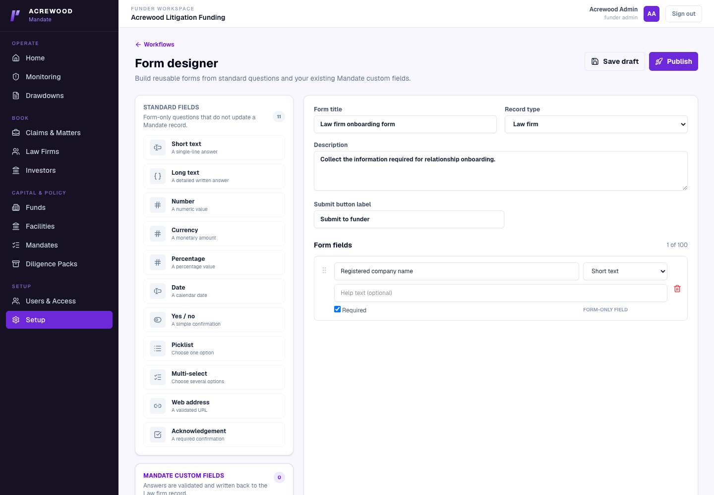 Lexivoa Mandate form designer showing the fields used in a law-firm onboarding journey