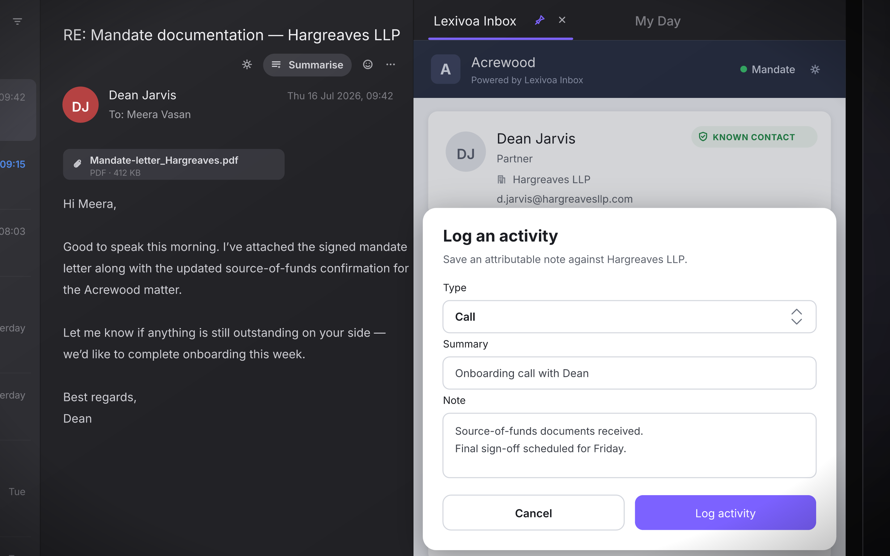 Lexivoa Inbox showing relationship context and an attributable activity form alongside an email